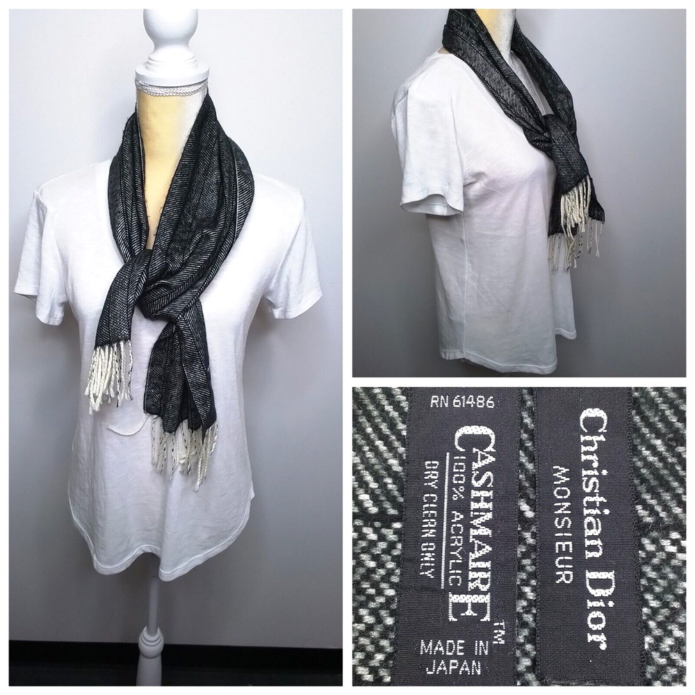 Christian Dior Monsieur Scarf Cashmaire White Black 100% Acrylic #W2900